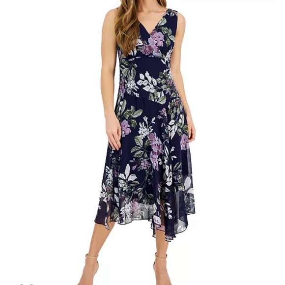 connected apparel Dresses & Skirts - NEW Connected Apparel Navy Purple Floral V-Neck Midi Dress Size 12